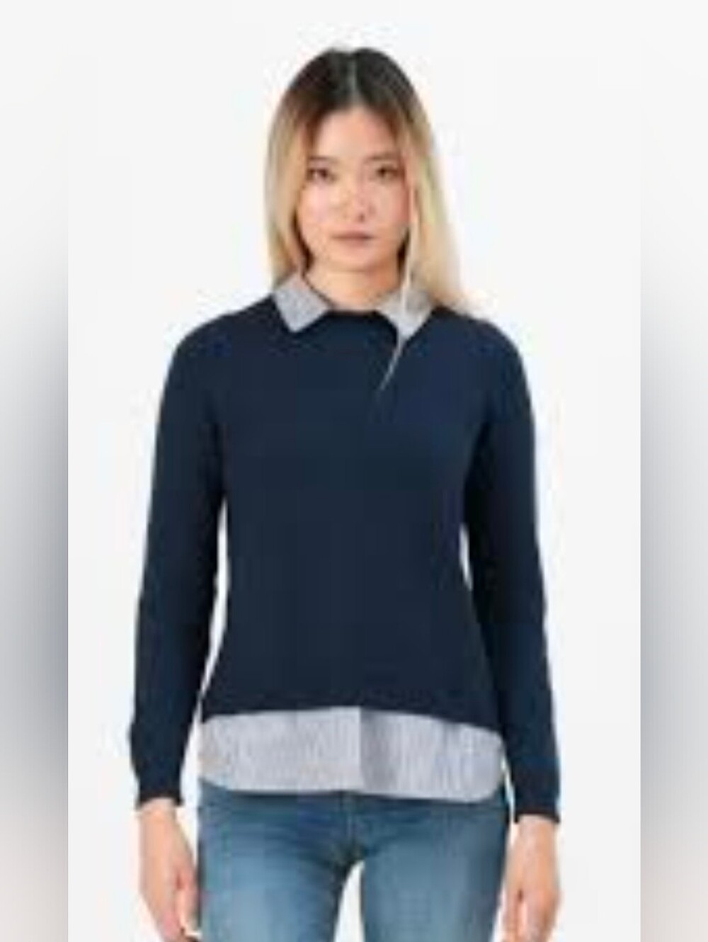 LOFT Navy Knit Crewneck with Faux Shirt Hem